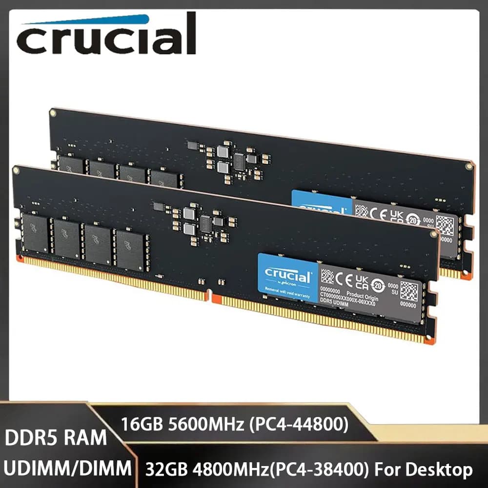 ذاكرة ألعاب سطح المكتب DDR5 من Crucial، 16GB، 5600MHz، 32GB، 4800MHz، UDIMM، 288Pin، PC5-38400، 44800، لـ Intel و AMD