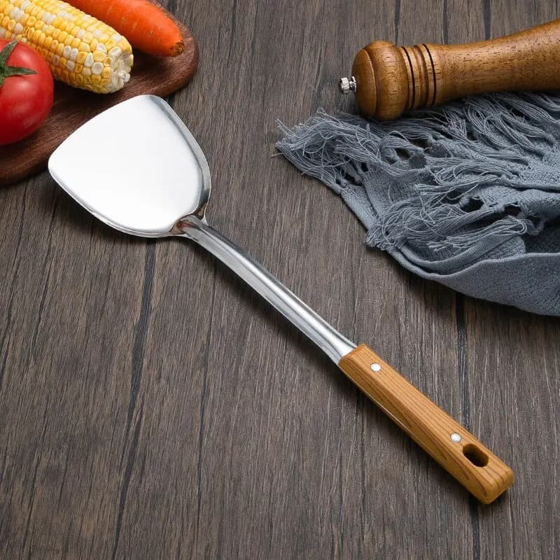 قطعة واحدة ملعقة من الفولاذ المقاوم للصدأ بمقبض خشبي تقليد 5 أدوات مطبخ خفيفة للطهي - 4