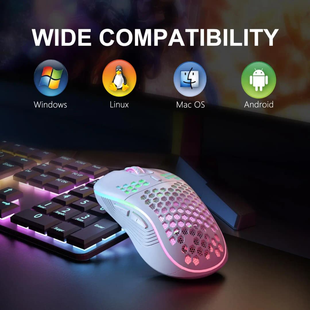 ماوس لاسلكي 2.4 جيجاهرتز مع إضاءة RGB خلفية، 6 أزرار، 3 مستويات DPI، منفذ Type C، ماوس ألعاب مريح بتصميم قرص العسل قابل لإعادة الشحن - 3