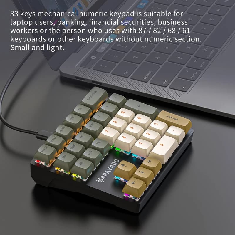 لوحة مفاتيح ميكانيكية رقمية صغيرة K33 APAYADO، 33 مفتاح، اتصال سلكي، إضاءة خلفية RGB، واجهة Type-C مع كابل مفاتيح منفصل - 3