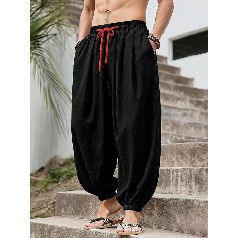 Men's Cotton Linen Wide Leg Pants Casual Loose Fit Solid Color Breathable Lightweight Elastic Waist Male Baggy Long Pants - 3