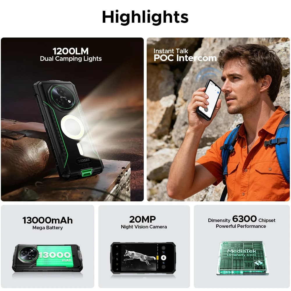 هاتف DOOGEE Fire 7 Pro 5G المتين بإضاءة تخييم مزدوجة وبطارية 13000 مللي أمبير وكاميرا رئيسية 64 ميجابكسل بتقنية الذكاء الاصطناعي ومعالج Dimensity 6300 ونظام أندرويد 15 - 3