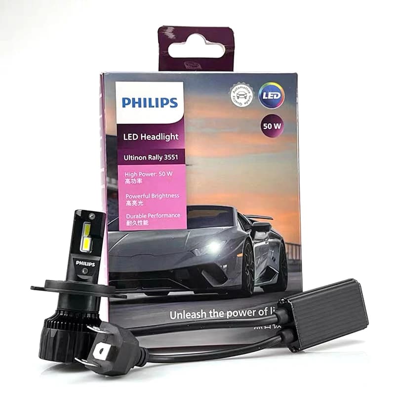 مصابيح فيليبس LED H4 Ultinon Rally 3551 أقصى قوة 50 واط 4000 لم إضاءة سيارات 6500K أبيض LED أقصى لومن وات LUM11342U3551X2