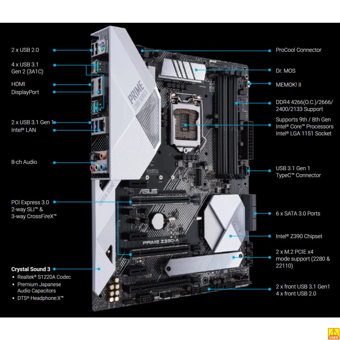 لوحة أم ASUS PRIME Z390-A بمقبس LGA1151 ومعالج DDR4 بسرعة 4266(OC) وشريحة Z390 ATX - 2