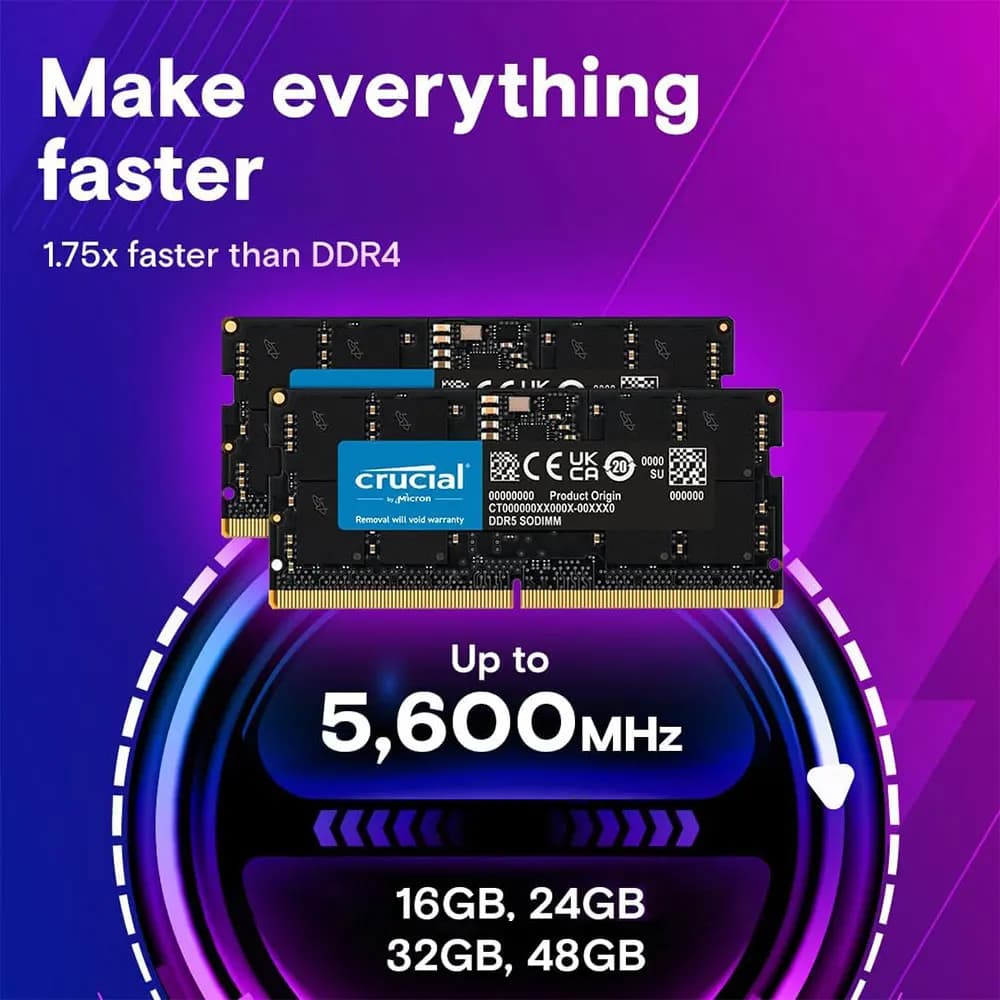 ذاكرة كروتيال DDR5 للابتوب، سعة 8 جيجابايت/16 جيجابايت/32 جيجابايت، تردد 4800-5600 ميجاهرتز، SODIMM، 1.1V، 262Pin، PC5-44800/38400، متوافقة مع إنتل وAMD - 6