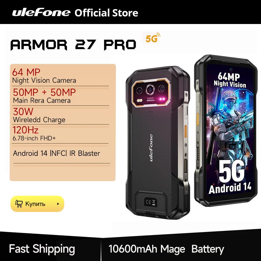 هاتف Ulefone Armor 27 Pro 5G سعة 10600 مللي أمبير في الساعة هاتف ذكي كاميرا 50 ميجابكسل 64 ميجابكسل ليلية بنظام Android 14 هاتف متين حتى 24 جيجابايت + 256 جيجابايت NFC هاتف مقاوم للماء
