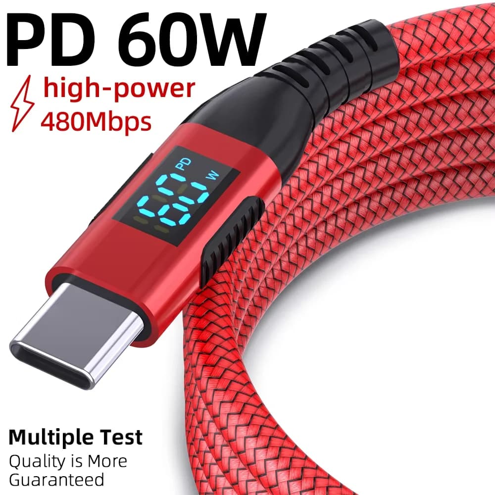 كابل عالي الجودة USB إلى Type C 60W سلك شحن سريع مع شاشة LED لهواتف Xiaomi وSamsung وأجهزة الكمبيوتر المحمولة كابل USB C بطول 1م و2م و3م - 5