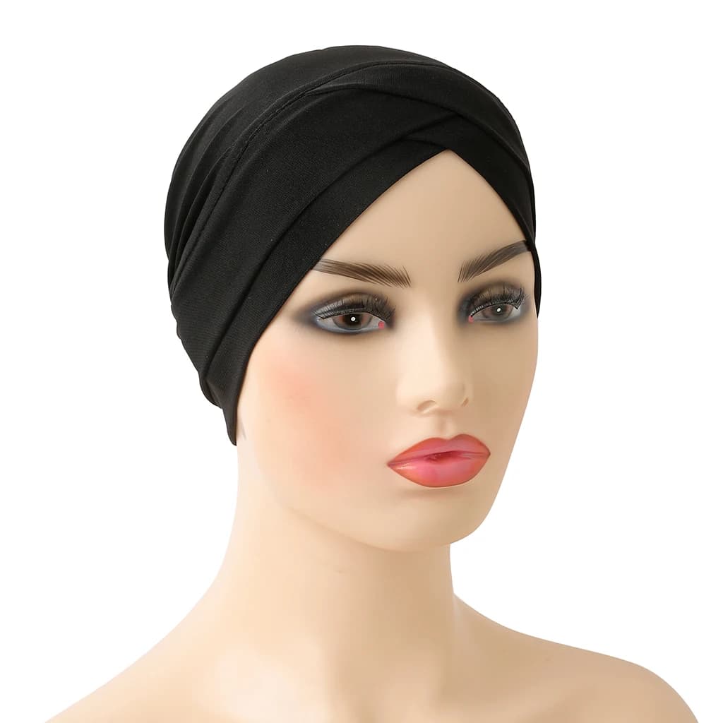 توربان مسلم بتصميم متقاطع على الجبهة، حجاب داخلي مرن بلون نقي، وشاح رأس جاهز للارتداء تحت البونيه للنساء - 2