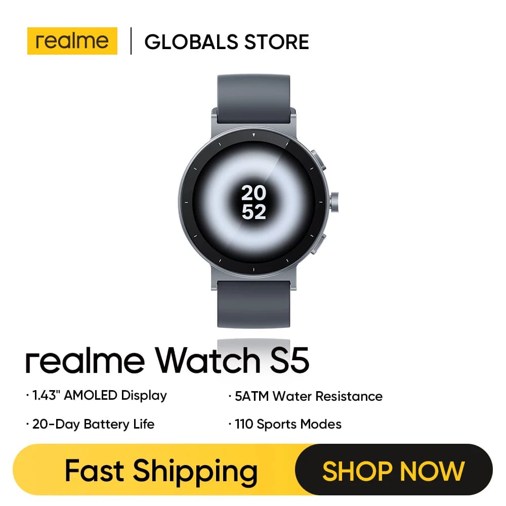 ساعة realme Watch S5 الذكية بشاشة 1.43 بوصة AMOLED ومقاومة للماء حتى 50 متر وعمر بطارية 20 يوم و110 وضع رياضي