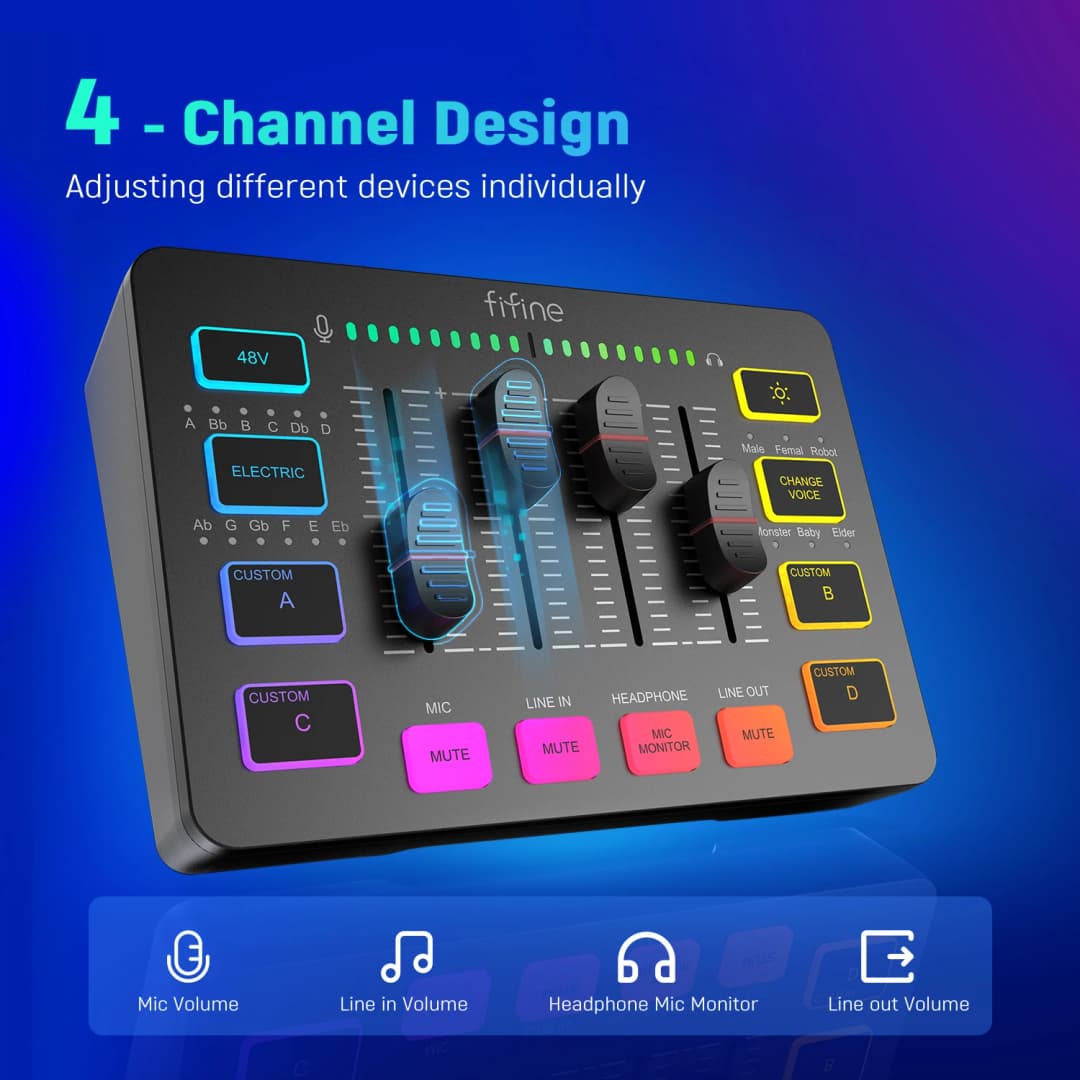 خلاط صوتي للألعاب FIFINE، خلاط بث 4 قنوات RGB مع واجهة ميكروفون XLR، للصوت في الألعاب، البودكاست، AmpliGame SC3 - 2