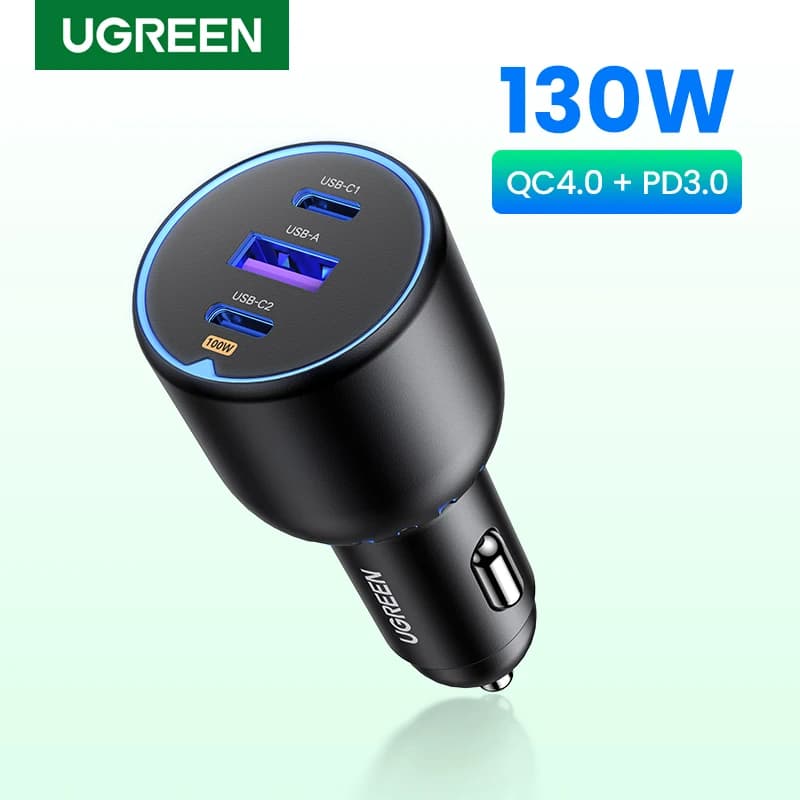 شاحن سيارة UGREEN، 130 واط، USB C، للشحن السريع، لهواتف Xiaomi وiPhone 17 وSamsung Galaxy S25 وأجهزة الكمبيوتر المحمولة