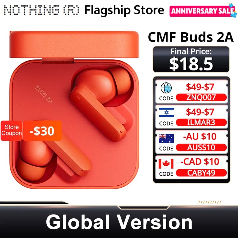 سماعات CMF Buds 2a الإصدار العالمي، بلوتوث 5.4، تشغيل حتى 31 ساعة، مشغل 12.4 ملم، إلغاء ضوضاء 42 ديسيبل، 4 ميكروفونات HD، مقاومة للماء والغبار IP54