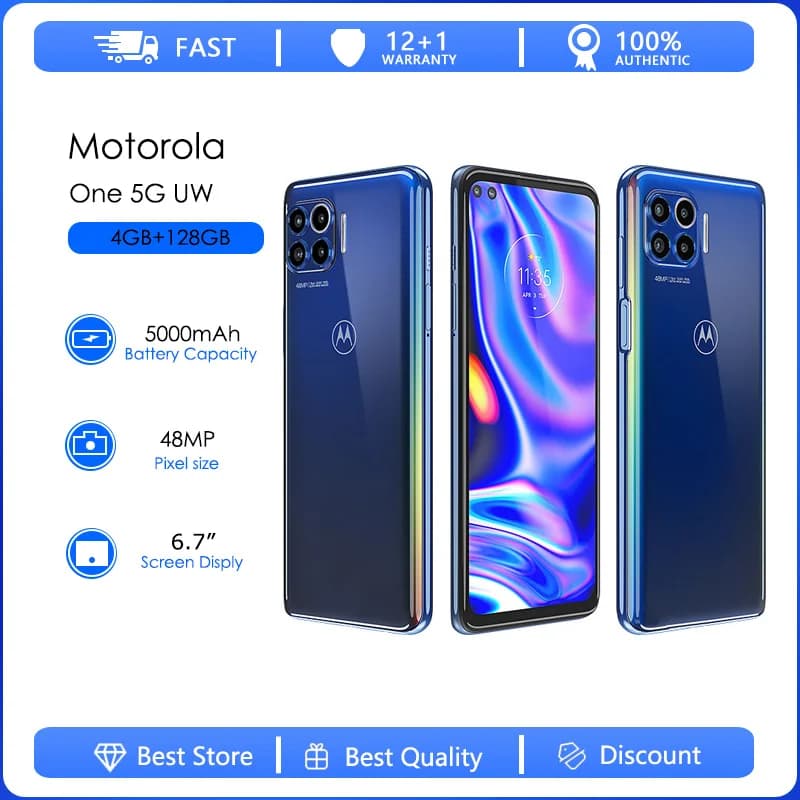 هاتف موتورولا ون 5G UW XT2075 الأصلي غير المقفول - شريحة واحدة، 4 جيجابايت رام، 128 جيجابايت روم، معالج ثماني النواة، كاميرا 48 ميجابكسل، شاشة 6.7 بوصة، بطارية 5000 مللي أمبير، أندرويد 10، يدعم NFC و FM
