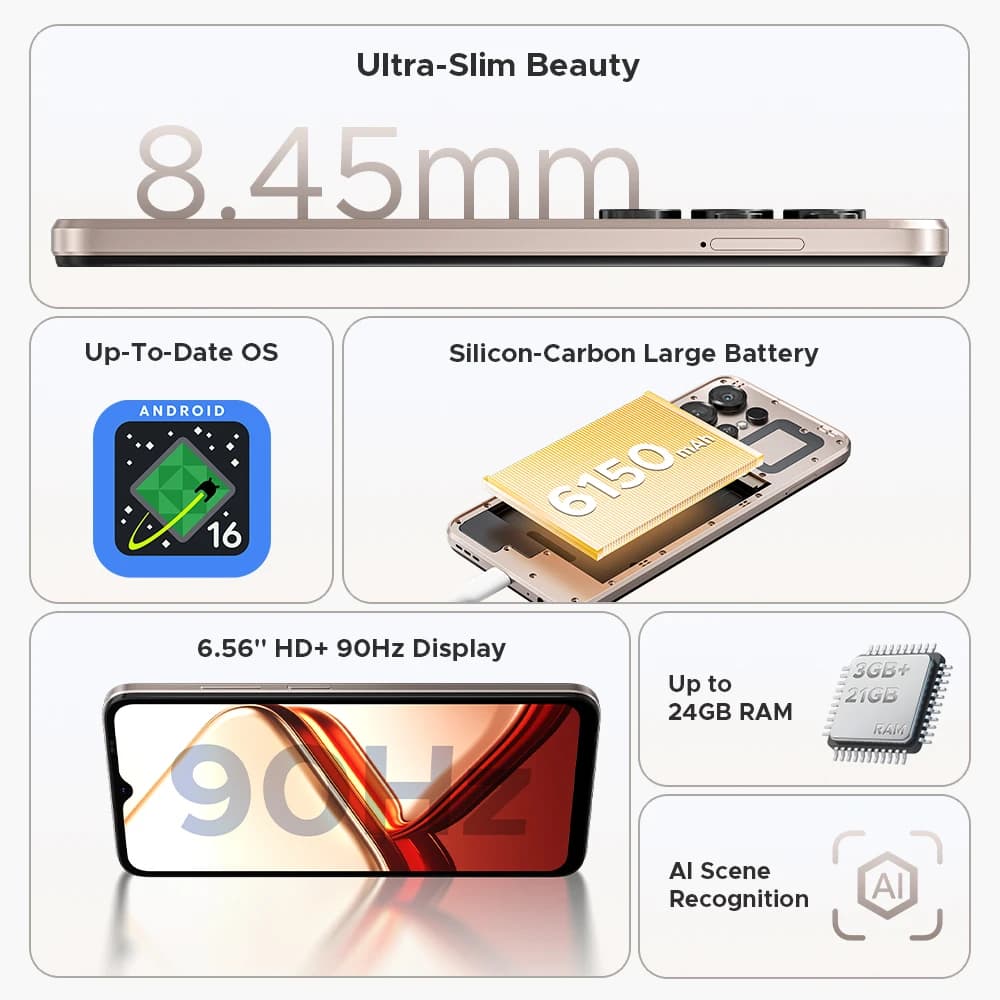 هاتف DOOGEE Note56 X 5G المحمول بجسم نحيف 8.45 ملم وشاشة 6.56 بوصة بمعدل تحديث 90 هرتز ونظام أندرويد 16 وبطارية 6150 مللي أمبير في الساعة مع خاصية التعرف على المشهد بالذكاء الاصطناعي - 2