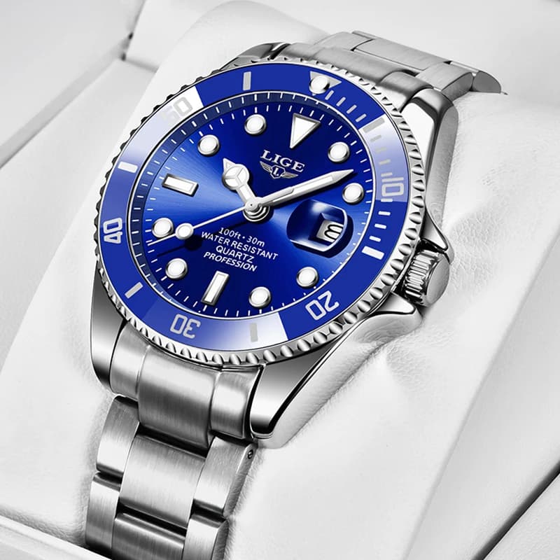 LIGE Top Original Men Quartz Watches Blue Waterproof Watch for Men Stainless Steel Quartz Men Luxury Watch Luminous Wristwatch - 6