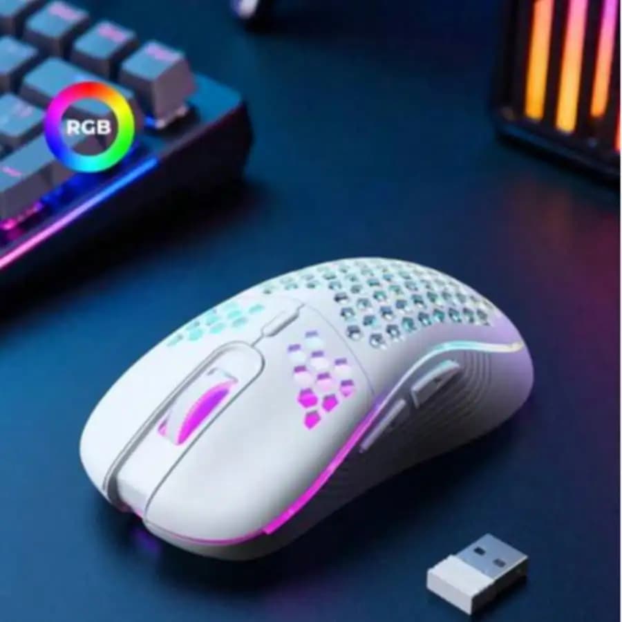 ماوس ألعاب لاسلكي خلية نحل 2.4 جيجاهرتز USB مع إضاءة RGB قابلة لإعادة الشحن وأضواء LED وحبل باراكورد خالي من السحب وتصميم مريح
