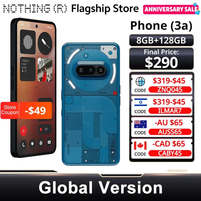 Global Version Nothing Phone(3a) 5G Snapdragon 7s Gen 3 NFC 6.77‘’ AMOLED Diaplsy 120Hz 50MP Main Camera 50W Charging 5000 mAh