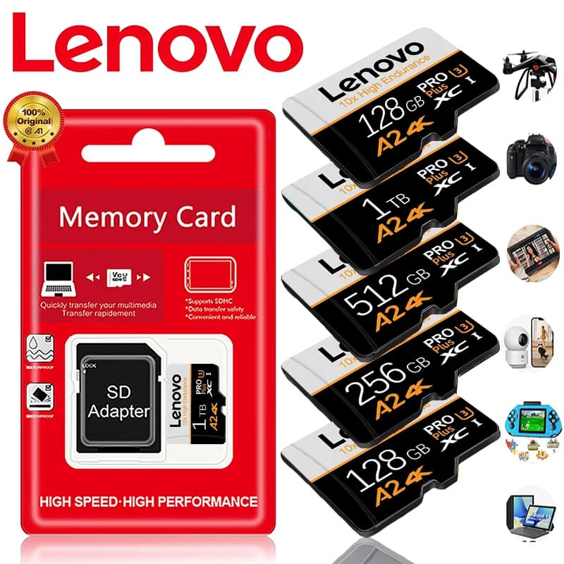بطاقات ذاكرة Lenovo مقاومة للماء SD و TF بسعات 256GB و 64GB و 1TB، متوافقة مع كاميرات السيارات والهواتف، تقنية Transfer V10