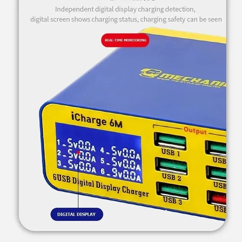 شاحن ذكي MECHANIC iCharge 6M QC 3.0 USB، يدعم الشحن السريع، بشاشة LCD رقمية، شاحن متعدد المنافذ للأجهزة اللوحية والهواتف - 2
