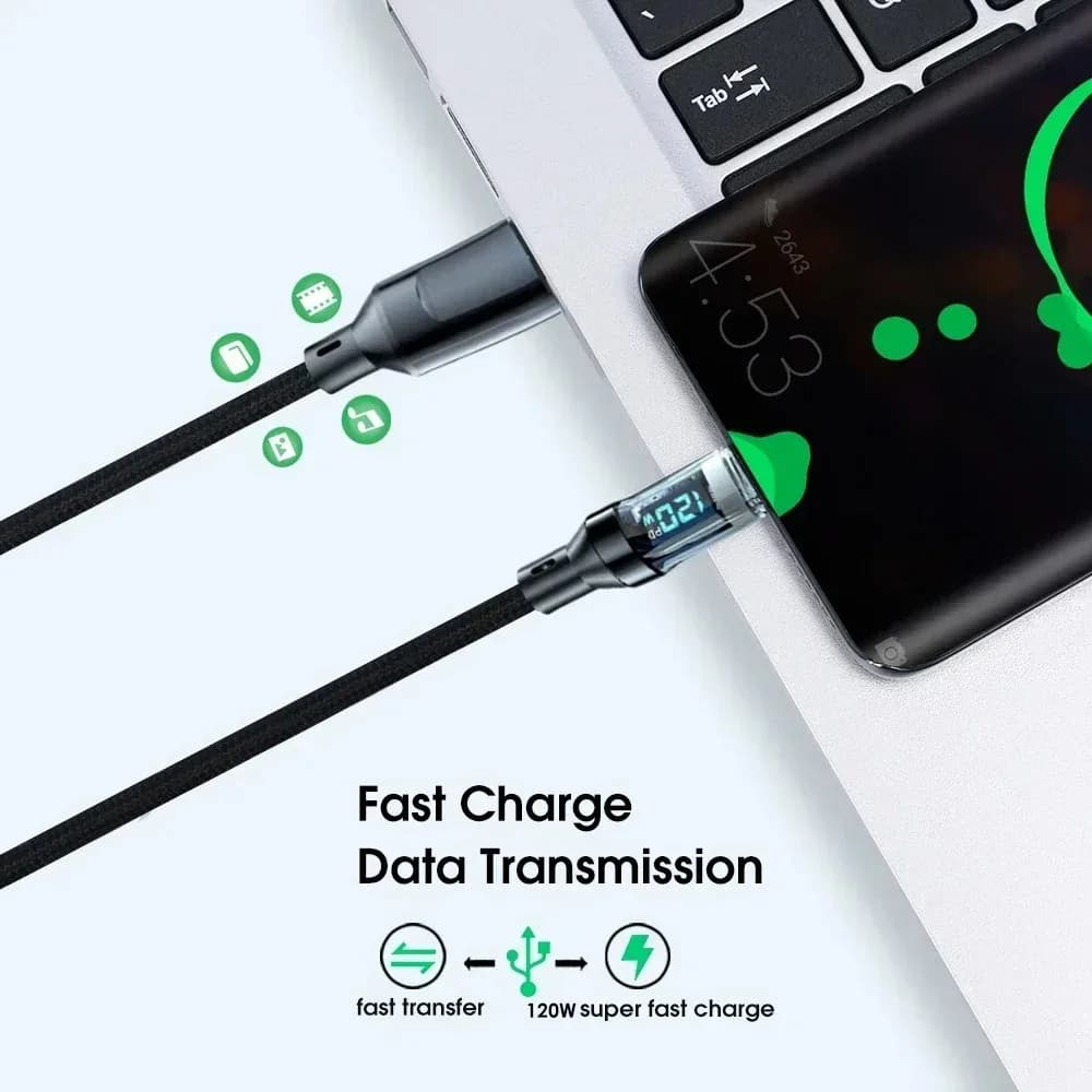 120W USB to Type C Cable LED Digital Display Quick Charge USB C Data Cord 1/1.5/2M Portable PD Fast Charge Line For Home Office - 6