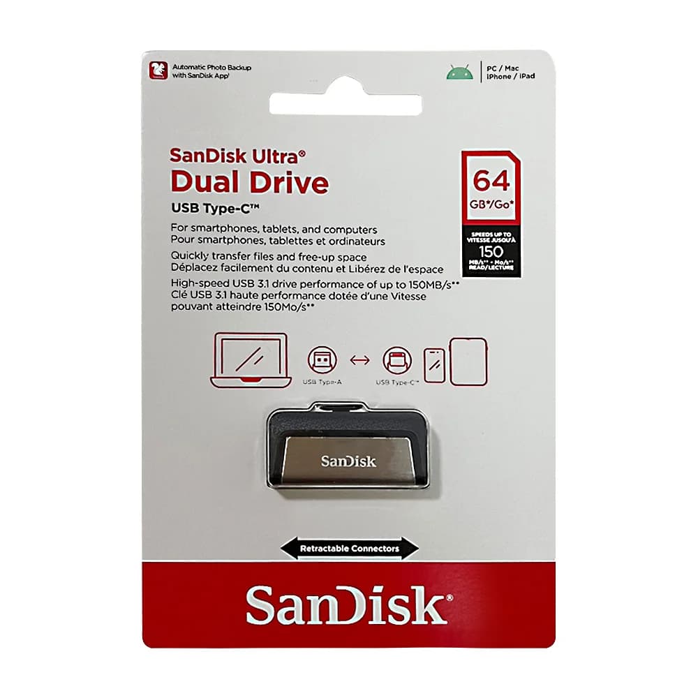 SanDisk 2-in-1 Ultra Dual Drive USB Type-C بسعات 64 جيجابايت و128 جيجابايت و256 جيجابايت OTG USB3.1 بسرعة تصل إلى 150 ميجابايت/ثانية مع منافذ USB Type-C وUSB Type-A - 3