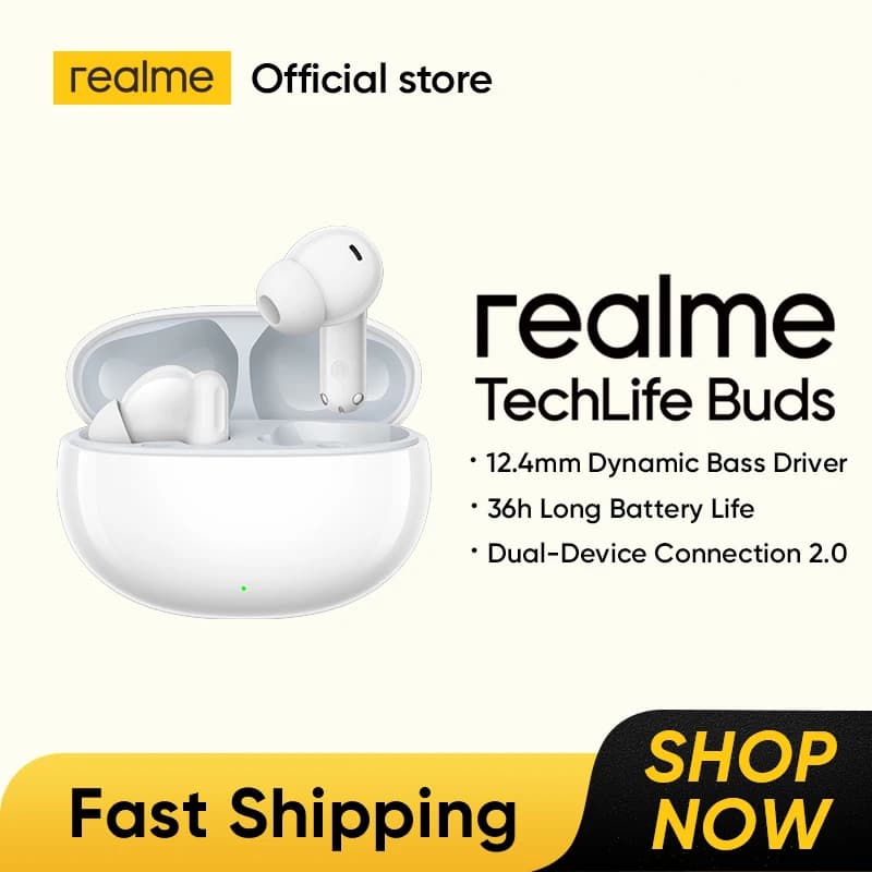 سماعات realme TechLife Buds TWS مع مشغل باس ديناميكي 12.4 ملم، بطارية تدوم حتى 36 ساعة، اتصال بجهازين، بلوتوث 5.4
