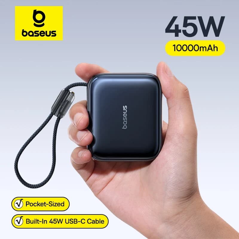 بنك طاقة Baseus ميني 45 واط 10000 مللي أمبير، كابل USB-C مدمج، حجم صغير، شحن سريع محمول لهاتف آيفون 17 وسامسونج S25