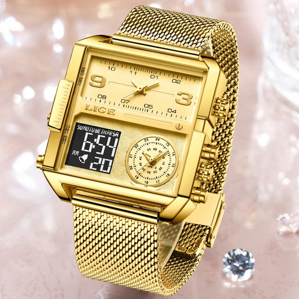 LIGE 2024 Fashion Dual Display Watch Women Top Brand Luxury Creative Square Watches Ladies Casual Gold Watch Relogio Feminino - 4