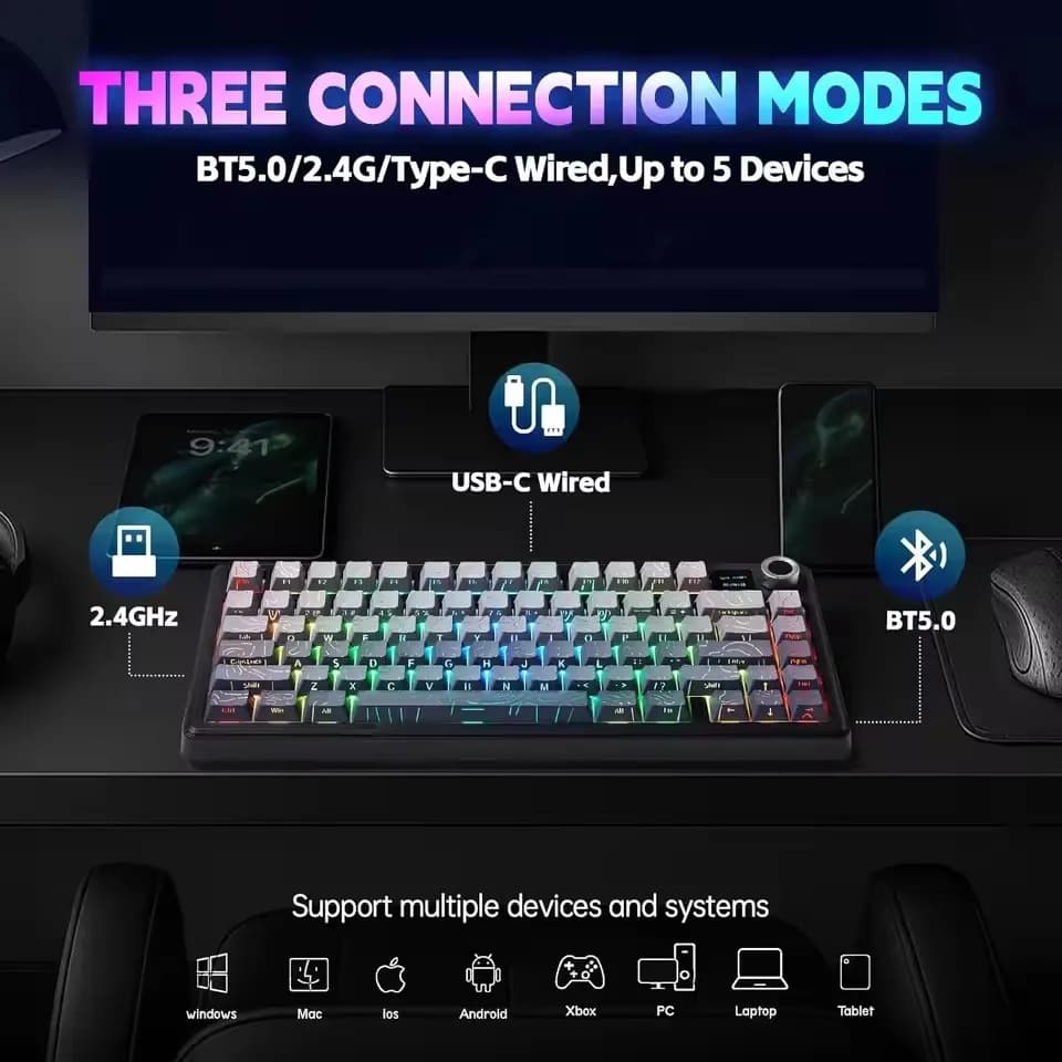 لوحة مفاتيح ميكانيكية للألعاب AULA F75 MAX سلكية/بلوتوث/2.4G لوحة مفاتيح رياضية إلكترونية RGB قابلة للتبديل السريع مع شاشة TFT للكمبيوتر/Mac ﻿ - 5