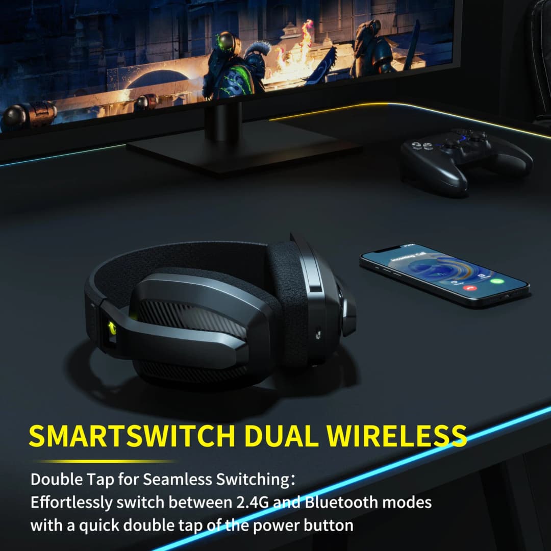 سماعات ألعاب لاسلكية BINNUNE 2.4GHz مع ميكروفون، متوافقة مع PS5 وPS4 وPC وMac وبلاي ستيشن، سماعات بلوتوث للألعاب - 2