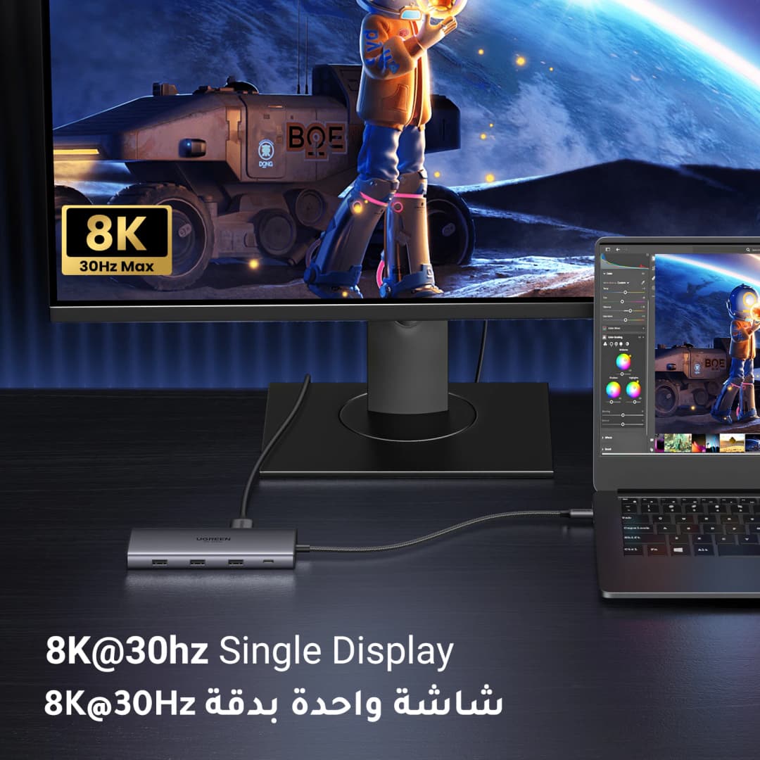 محول HDMI مزدوج من UGREEN مع منفذ USB-C يدعم 8K و4K ومقسم 10 في 1 مع منفذ RJ45 وUSB 3.0 وPD 100 واط لأجهزة ماك بوك برو وأير والكمبيوتر المحمول - 6