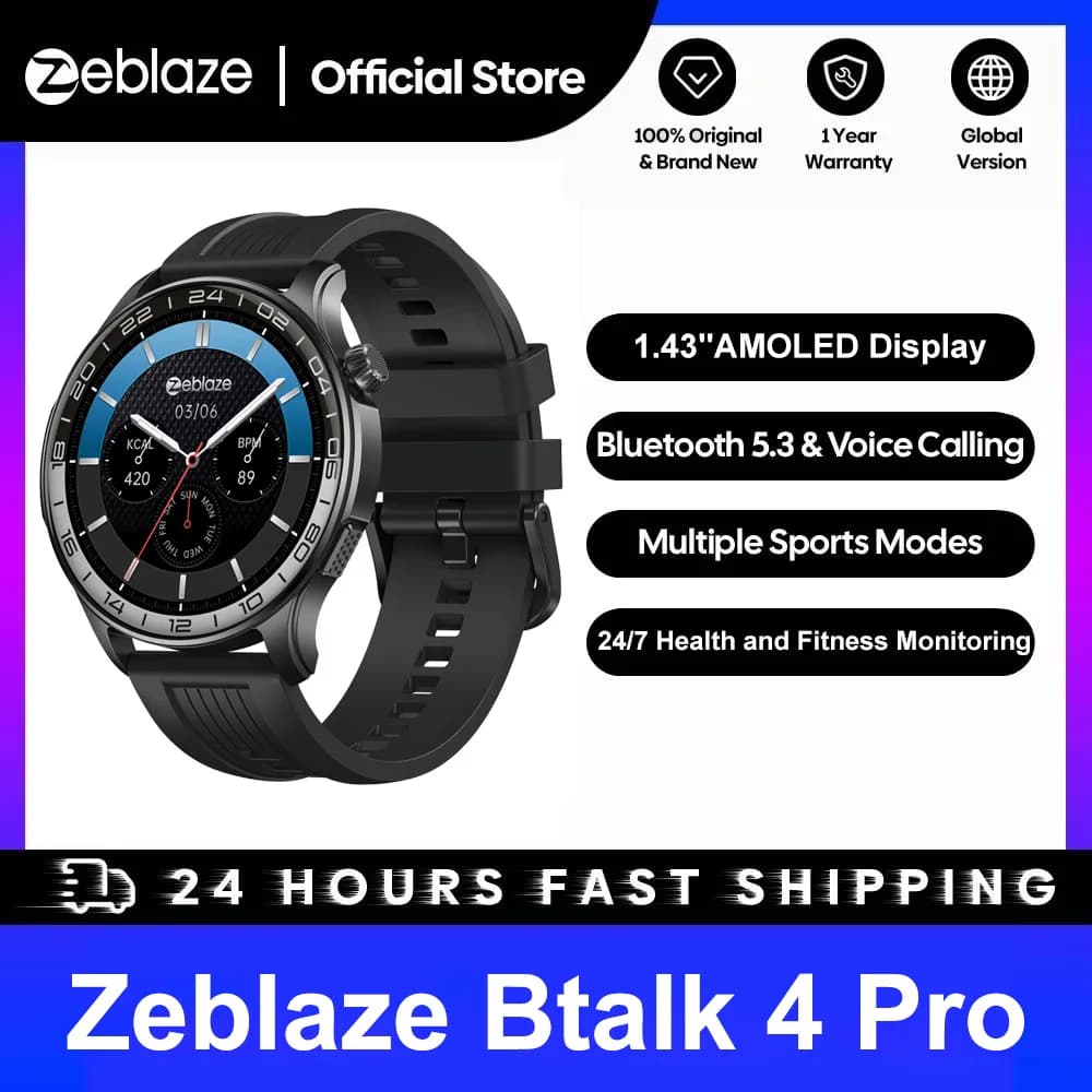 ساعة ذكية Zeblaze Btalk 4 Pro جديدة مع مكالمات صوتية، شاشة AMOLED 1.43 بوصة، مراقبة معدل ضربات القلب، لياقة بدنية ورفاهية للرجال