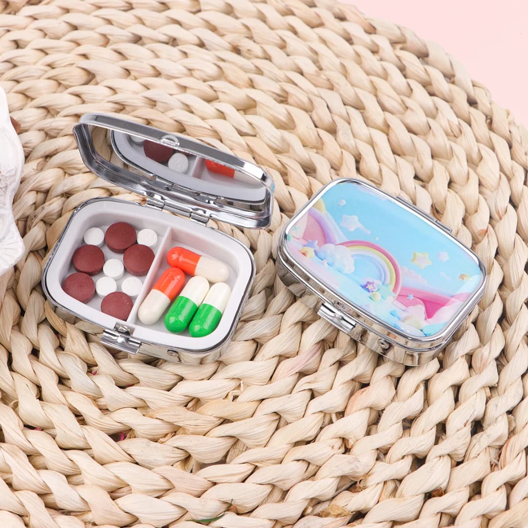 Simple Pattern 2 Compartments Metal Medicine Box Portable Travel Decorated  Sealed Small Pill Organizer Container Storage - 4