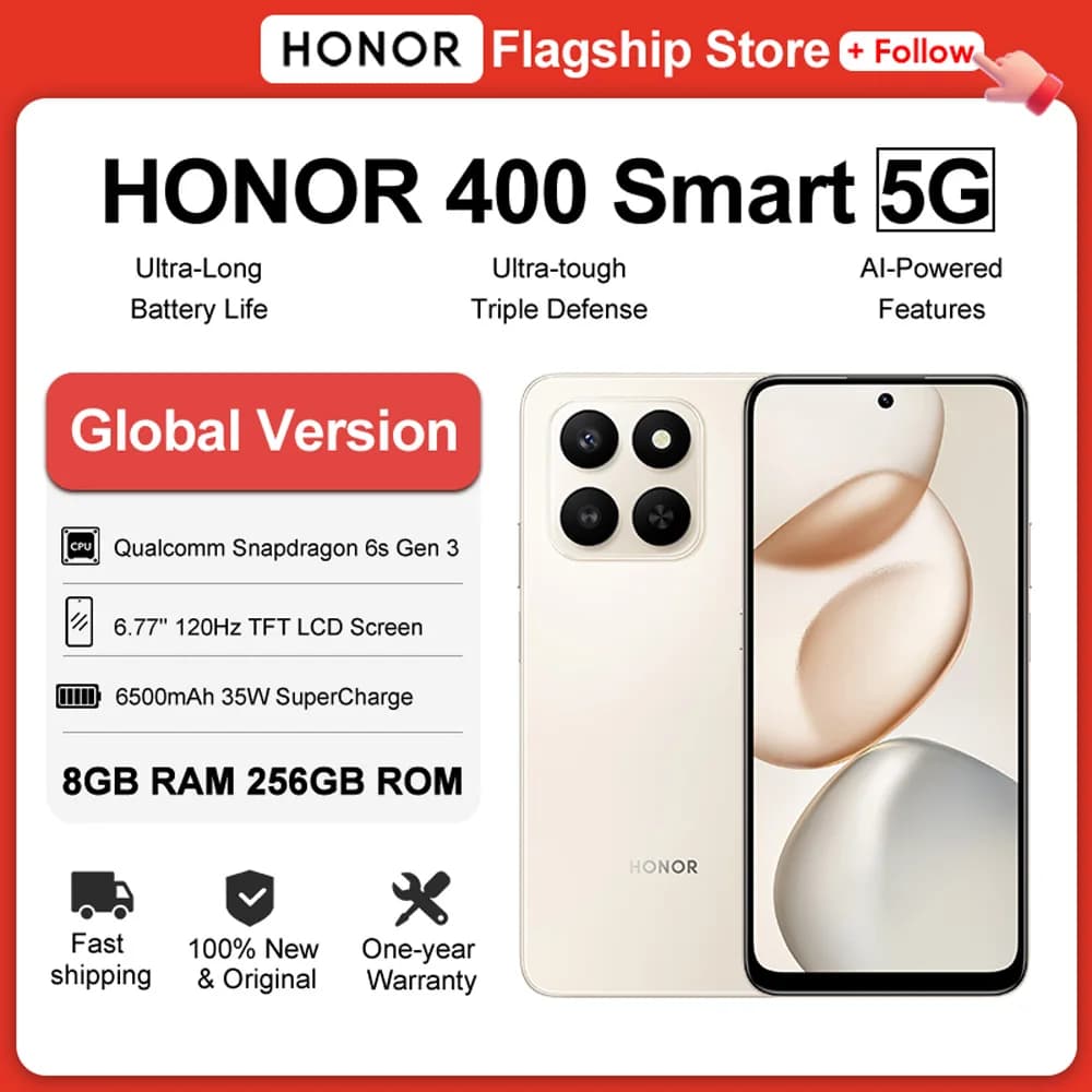 هاتف هونر 400 الذكي 5G، شاشة 6.77 بوصة بمعدل تحديث 120 هرتز، معالج سناب دراجون 6s الجيل الثالث، بطارية 6500 مللي أمبير، شحن فائق 35 واط، مقاوم للماء والغبار IP65