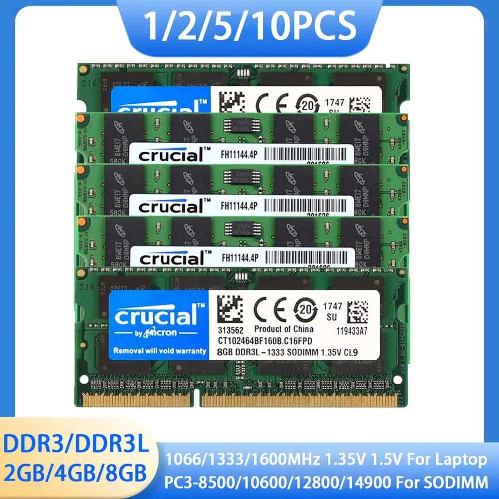 ذاكرة كمبيوتر محمول DDR3 DDR3L من Crucial، 8GB، 4GB، 2GB، 1066MHz، 1333MHz، 1600MHz، PC3L-12800، 10600، 8500، SODIMM، 1.35V/1.5V