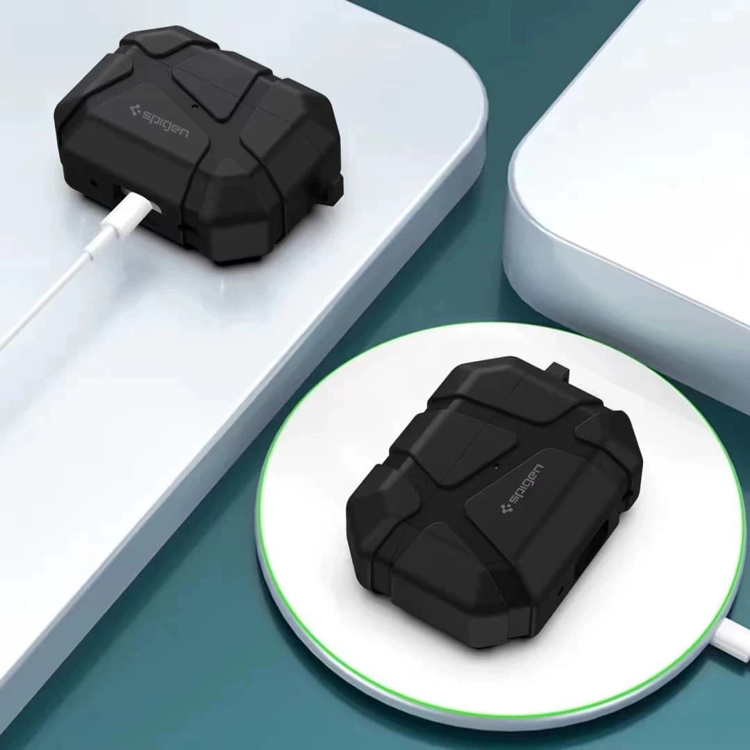 غطاء حماية سماعات سبايجن Rugged Armor لهواتف آيفون AirPods 4/3/2/1 برو 2 بملمس نيزكي، غطاء سماعات مقاوم للسقوط مع سلسلة مفاتيح - 5