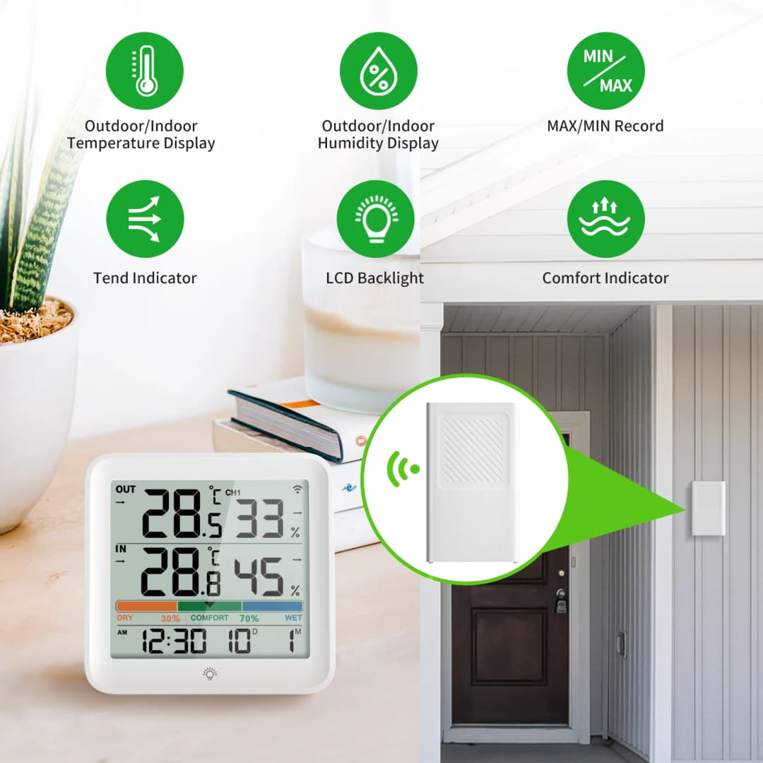 Wireless Indoor Outdoor Thermometer Hygrometer Digital Temperature Humidity Monitor With Remote Sensor Home Weather Station - 3