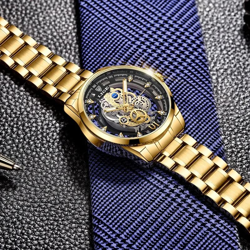 LIGE New Men Watch Skeleton Quartz Wristwatch Gold Skeleton Retro Man Watch Top Brand Luxury Clock Mens Watches Reloj Hombre - 4