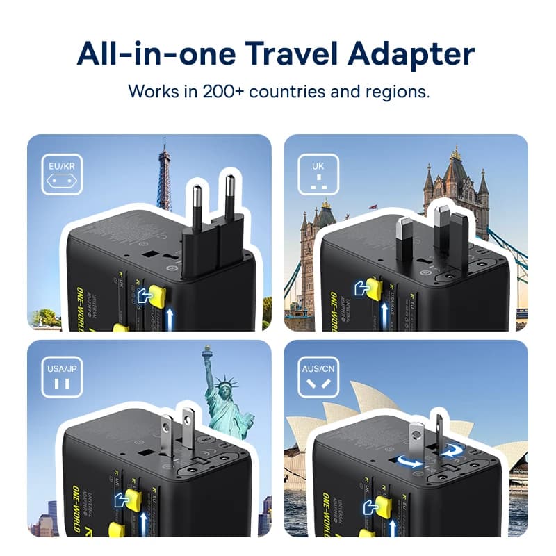 شاحن Baseus GaN محول سفر عالمي كابل قابل للسحب مدمج 70W 2AC 2 USB-A Type-C شحن سريع EU/UK/USA/AUS - 2