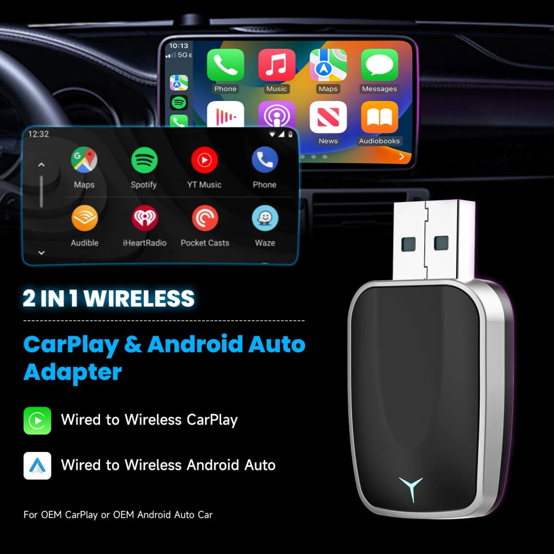 Wireless CarPlay & Android Auto Adapter, Plug & Play Dongle for iOS 10+ / Android 11+ USB-A/C Support - 2