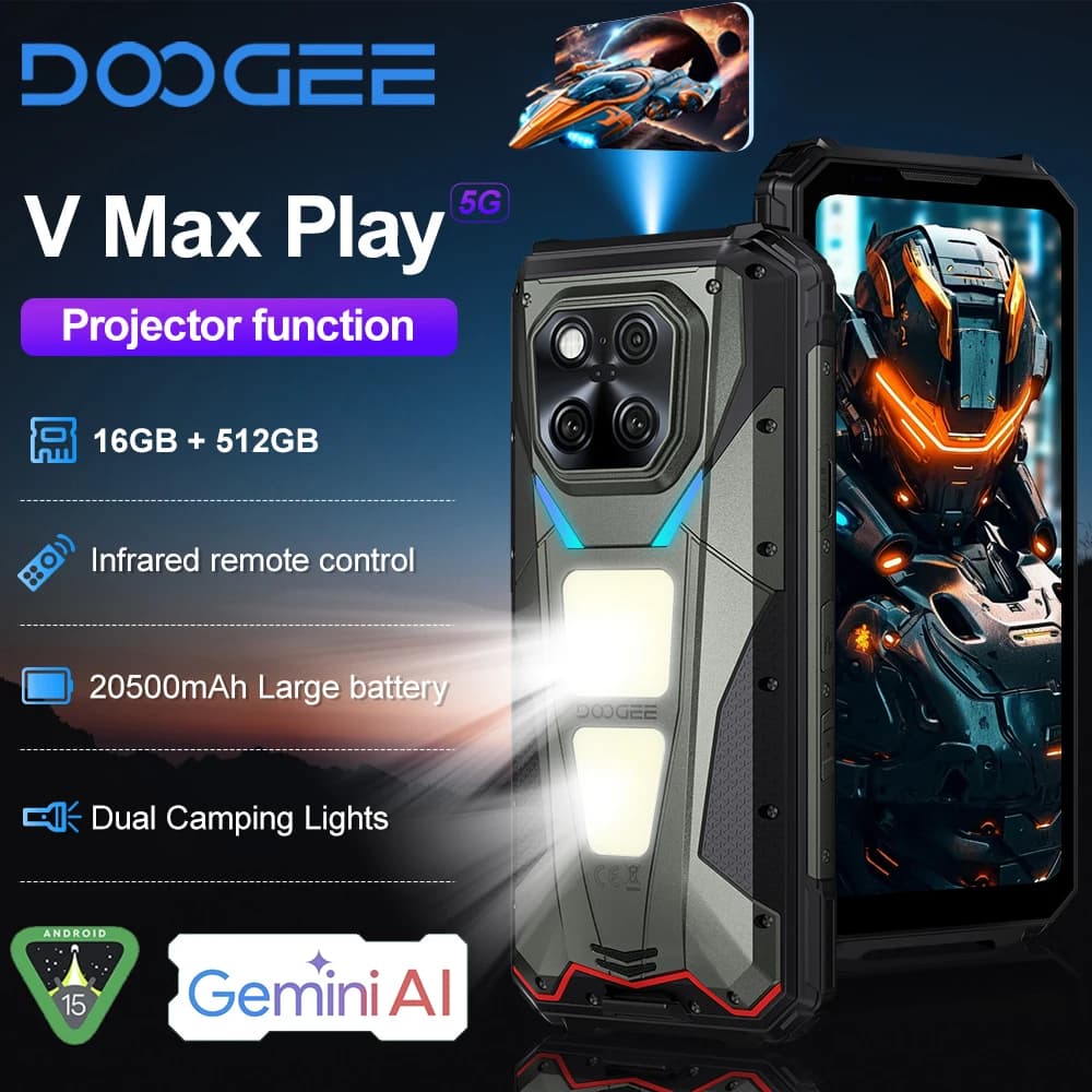 هاتف DOOGEE V Max Play القوي مع جهاز عرض - ذاكرة 16 جيجابايت + 512 جيجابايت، بطارية 20500 مللي أمبير، كاميرا 200 ميجابكسل، شاشة 6.78 بوصة، إضاءة تخييم مزدوجة، أندرويد 15، NFC
