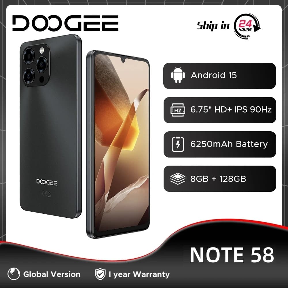نسخة عالمية DOOGEE Note 58 هاتف ذكي 32 جيجابايت (8+24) 128 جيجابايت 6.75 بوصة HD+ 90 هرتز بطارية كبيرة 6250 مللي أمبير UNISOC T7250 NFC أندرويد 15