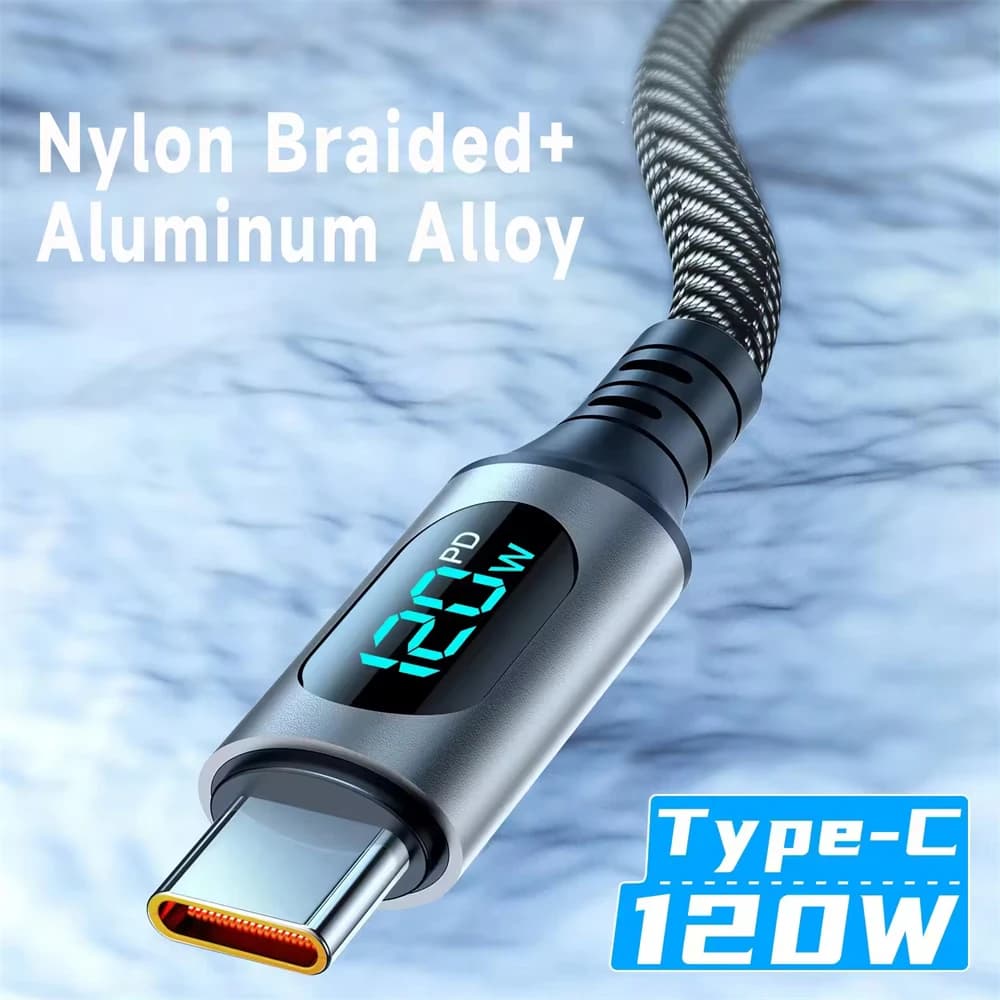 NNBILI 6A 120W USBA إلى النوع C كابل شحن سريع للغاية سلك بيانات نايلون لشاومي POCO سامسونج مع كابل شاشة ديجيتال Led - 2