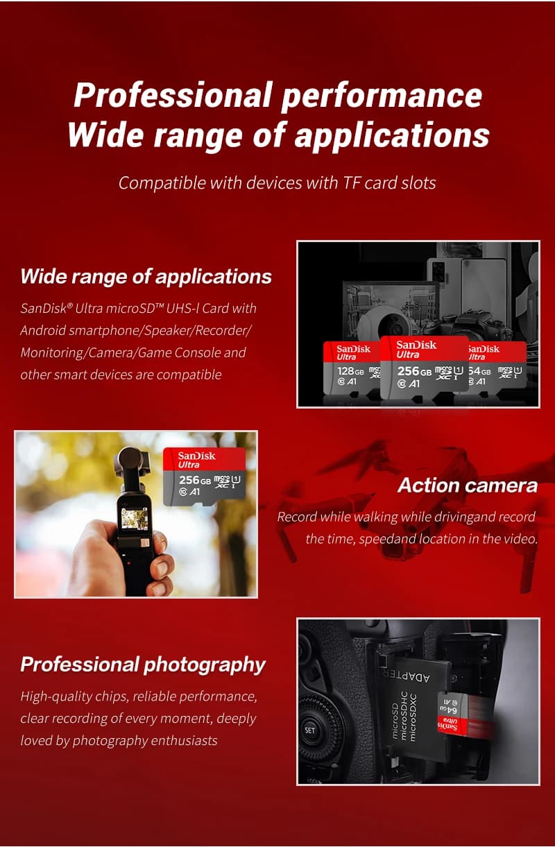 بطاقة ذاكرة SanDisk Ultra microSD A1 C10 فلاش TF للهاتف والجهاز اللوحي بسعات 32GB و64GB و128GB و256GB بسرعة قصوى 100Mb/s - 2