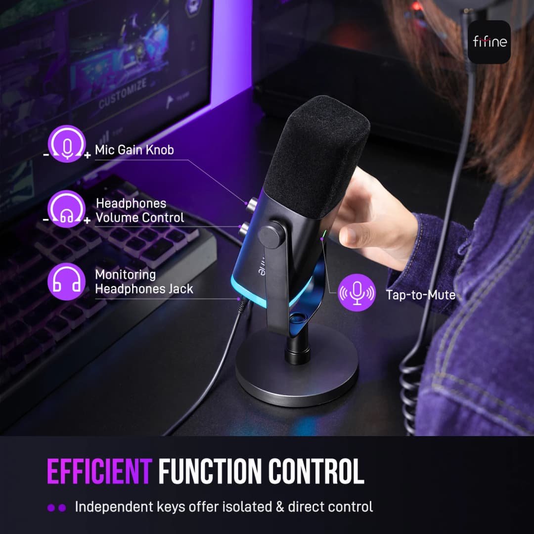 ميكروفون ديناميكي FIFINE USB/XLR مع تحكم RGB، مقبس سماعة رأس، كتم الصوت، لتسجيل ألعاب الكمبيوتر AmpliGame-AM8 - 5