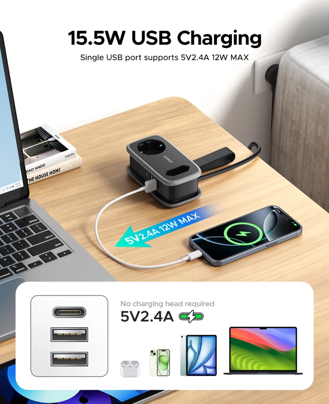 شريط طاقة ORICO للسفر مع قابس EU ذكي، مقبس متعدد، سلك تمديد 3.6 قدم، محطة شحن 5 منافذ USB A و Type C، حامل محول - 3