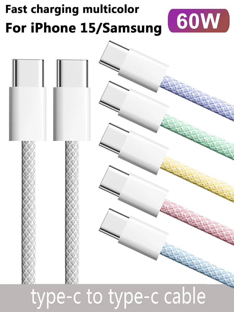 كابل ملون USB-C إلى Type C لهاتف أبل آيفون 15 PD شحن سريع 60 واط لهواتف هواوي وشاومي وسامسونج كابل نسج Type C اكسسوارات