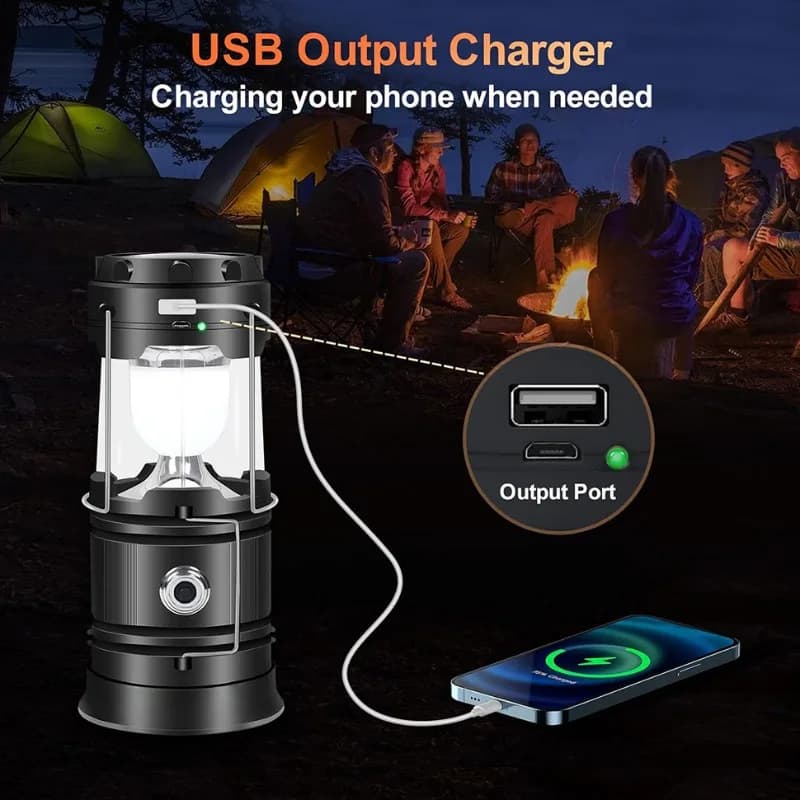 فانوس تخييم LED قوي يعمل بالطاقة الشمسية مصباح خيمة تخييم خارجي قابل للشحن عبر USB إضاءة طوارئ محمولة قابلة للتمديد والتعليق - 5
