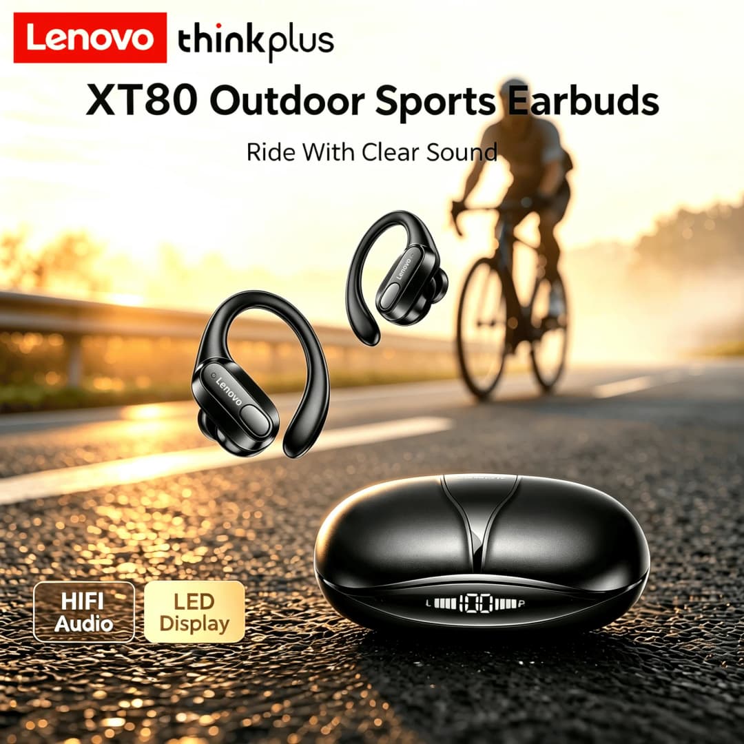 سماعات أذن لينوفو الأصلية XT80 رياضية لاسلكية مع ميكروفونات، شاشة طاقة LED، صوت ستيريو Hifi، بلوتوث 5.3، سماعات TWS - 6