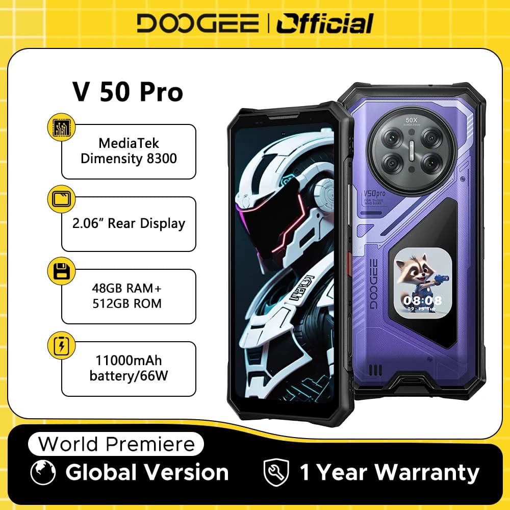 إصدار عالمي DOOGEE V50 Pro هاتف متين 52 جيجا + 1 تيرا بايت AI Pets Dimensity 8300 6.78 بوصة FHD+ 11000 مللي أمبير 66 واط كاميرا 200 ميجا بكسل أندرويد 16 NFC
